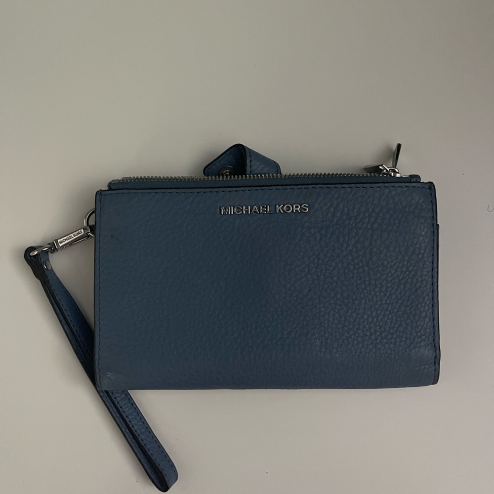 Michael Kors blue wristlet wallet.